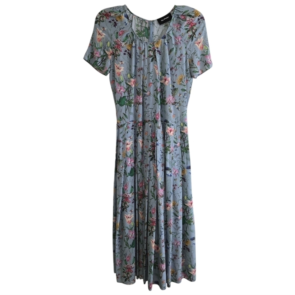 The Kooples Silk Folkloric Print Midi Dress XS Light Blue Floral Pleated Skirt - Picture 4 of 12